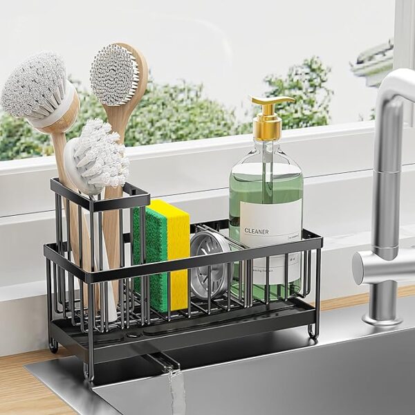 Cisily Sponge Holder for Kitchen Sink, Sink Caddy with High Brush Holder